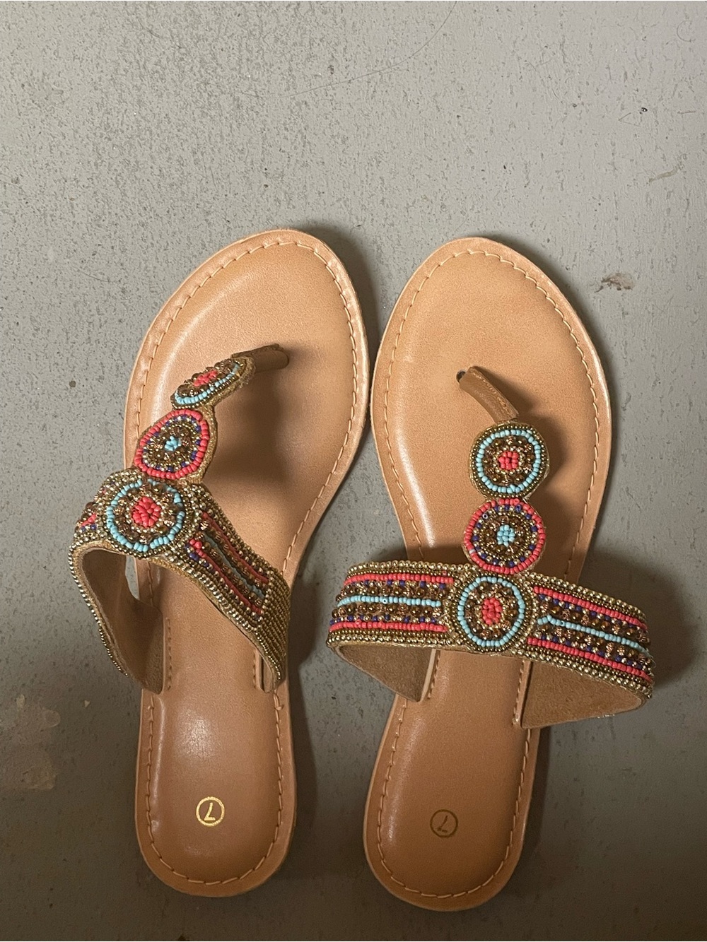 Beaded Tan Leather Thong Sandals - Women's Stylish Summer Slip-Ons